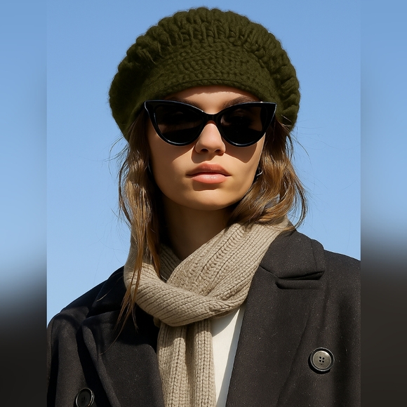 Nine West Wool Blemd Olive Green Knit Beret Winter Hat - Picture 1 of 7